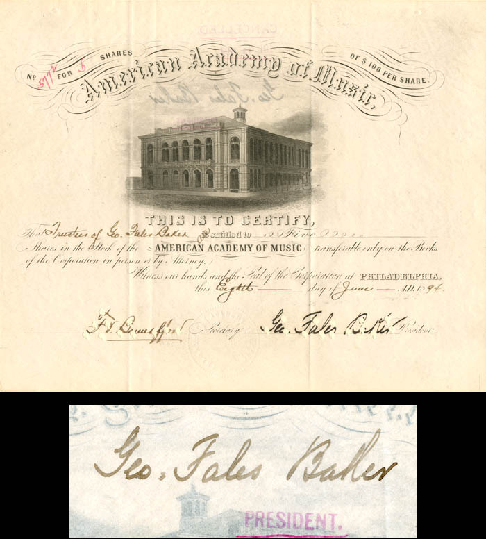 American Academy of Music - Stock Certificate